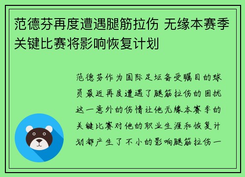范德芬再度遭遇腿筋拉伤 无缘本赛季关键比赛将影响恢复计划 范德芬再度遭遇腿筋拉伤 无缘本赛季关键比赛将影响恢复计划