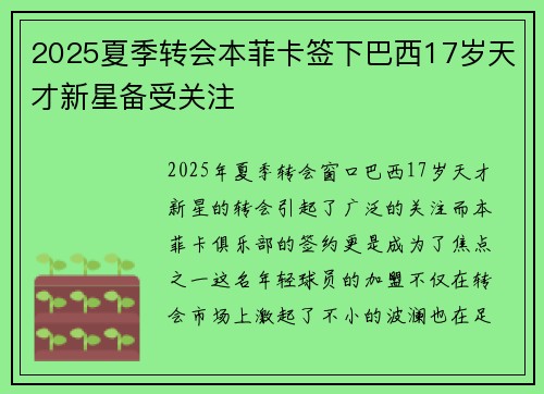 2025夏季转会本菲卡签下巴西17岁天才新星备受关注