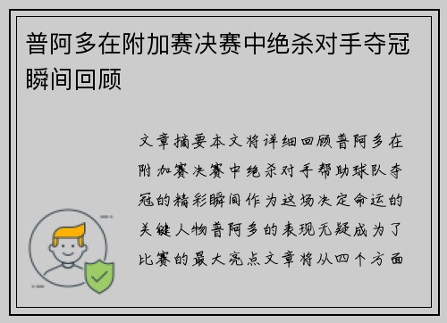 普阿多在附加赛决赛中绝杀对手夺冠瞬间回顾